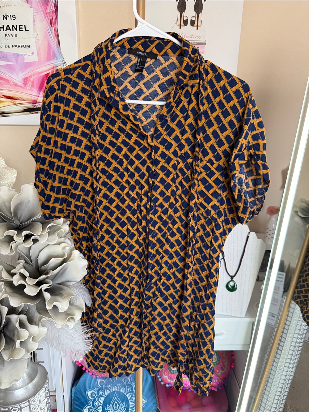 Worthington Navy and Mustard Geometric Button-Front Blouse